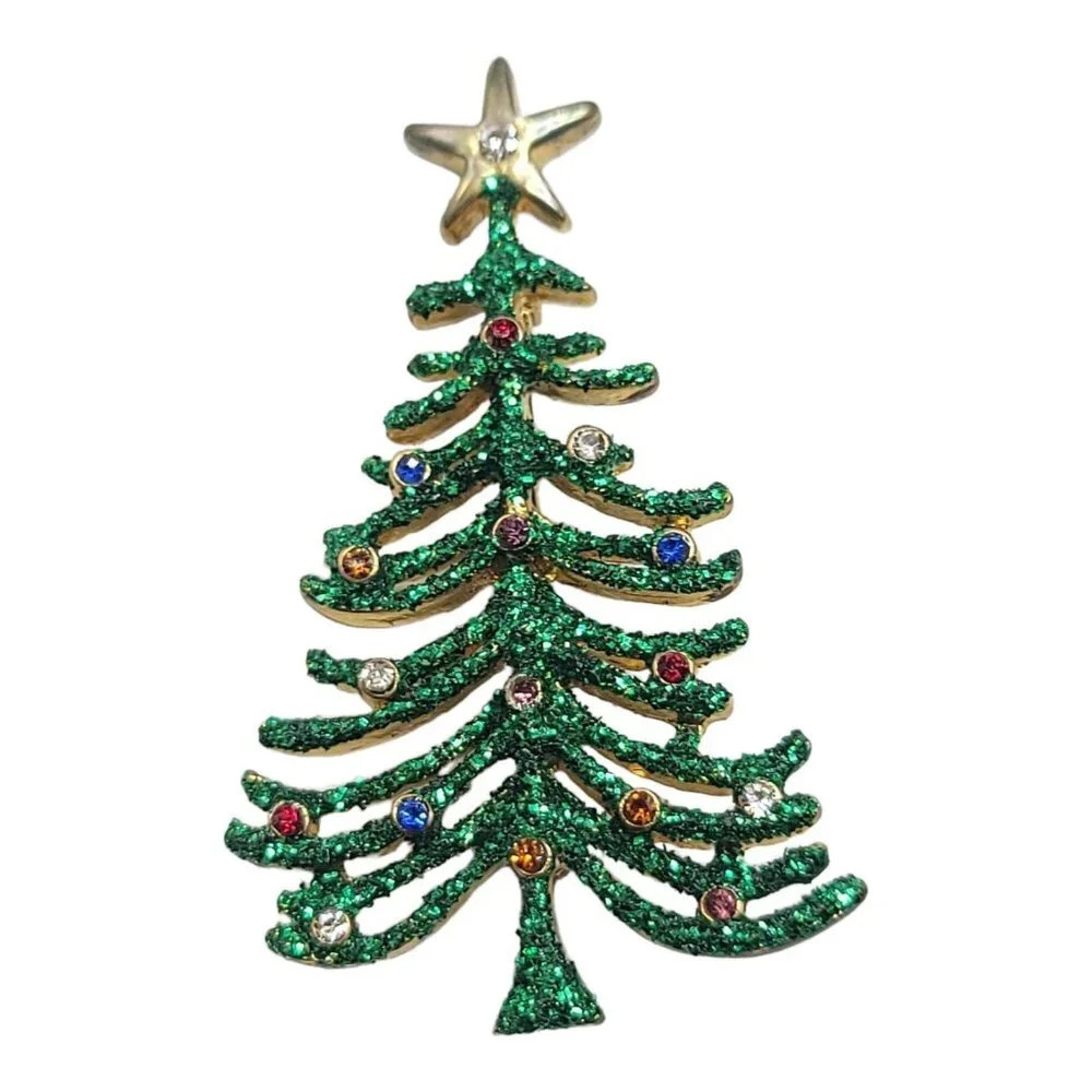 Gold Tone Green Glitter Multi Colored Rhinestone Ornament Christmas Tree Brooch